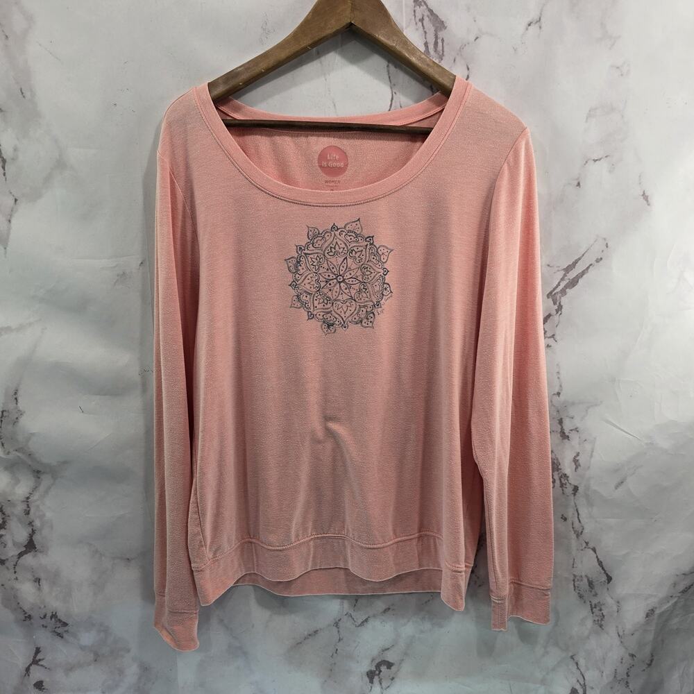 Life Is Good T Shirt Womens Medium Pink Long Sleeve Tee Mandala Round Neck
